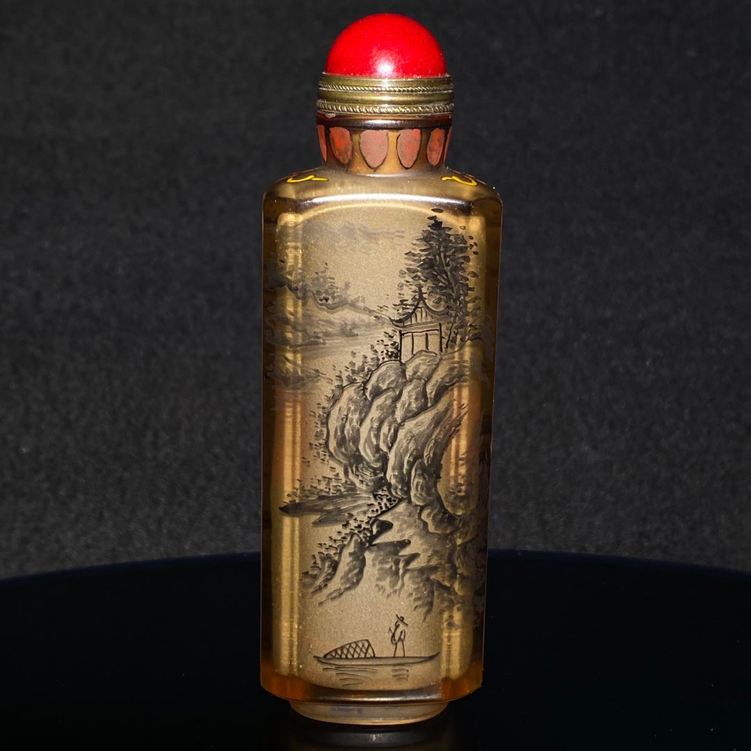 A1419 Chinese Peking Glass Colored Drawing Mountain River Scene Design Snuff Bottle