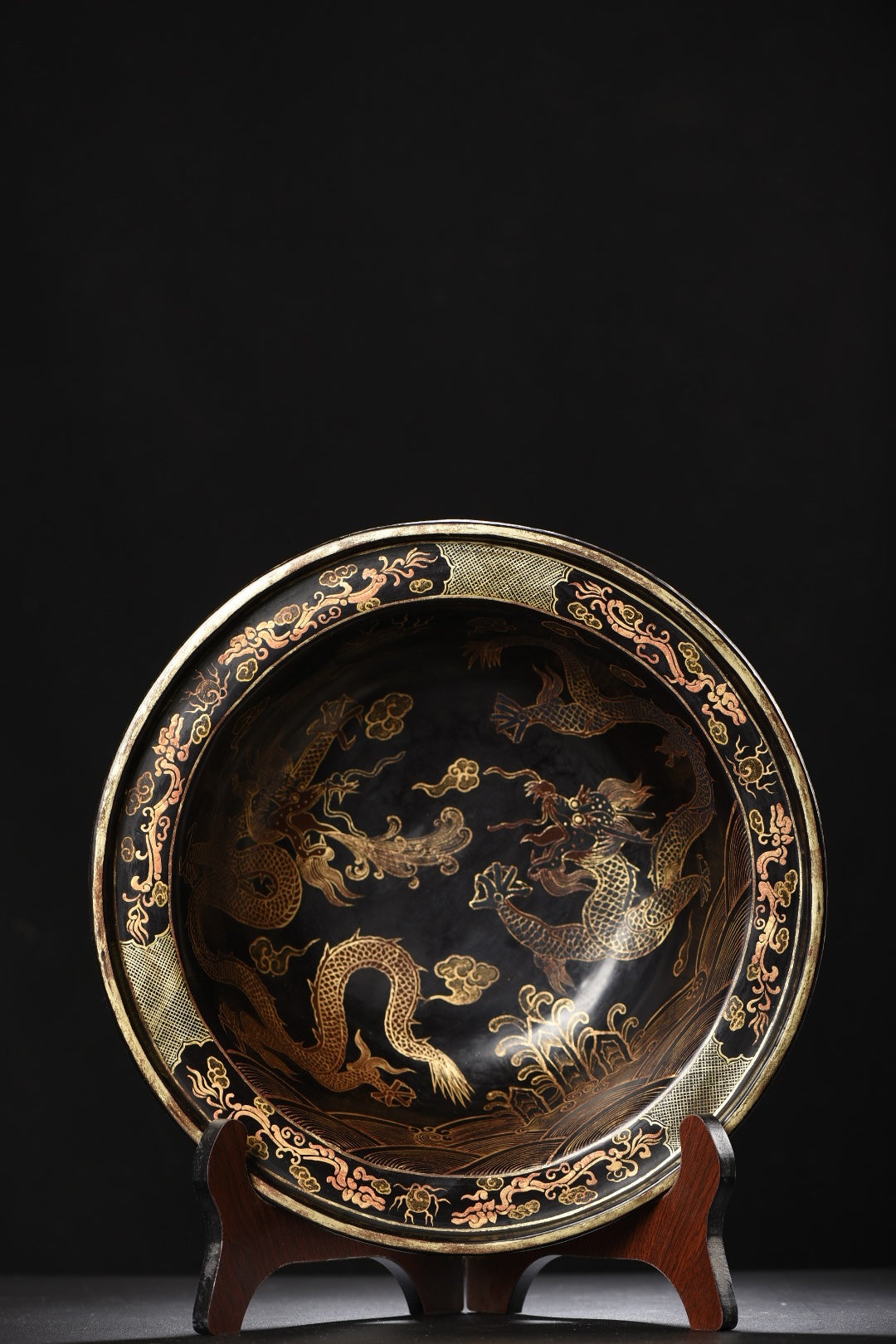 A1420 Chinese Gilt Gold Wooden-cored Lacquerware Double Dragon Design Big Plate