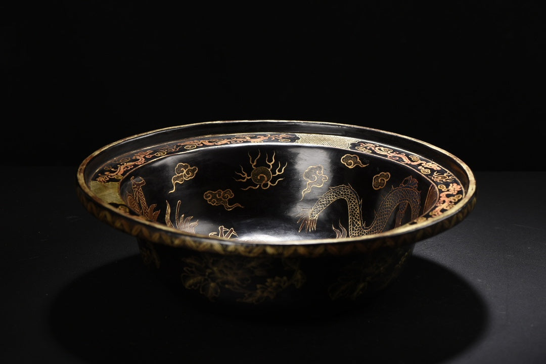 A1420 Chinese Gilt Gold Wooden-cored Lacquerware Double Dragon Design Big Plate