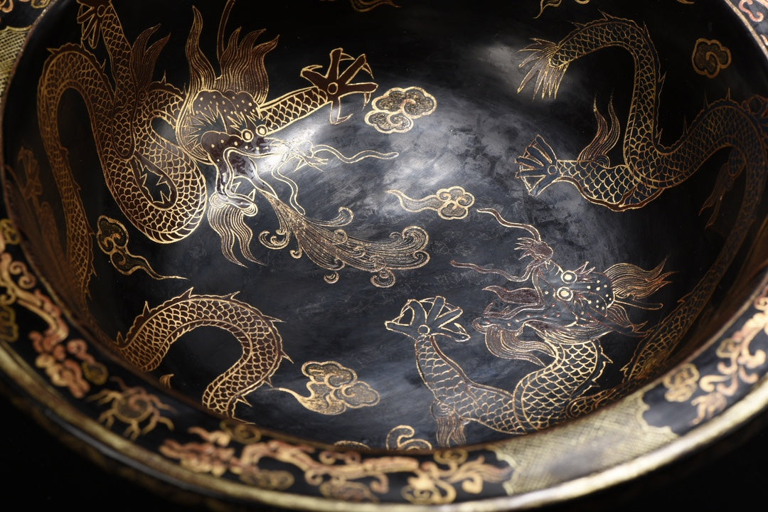 A1420 Chinese Gilt Gold Wooden-cored Lacquerware Double Dragon Design Big Plate