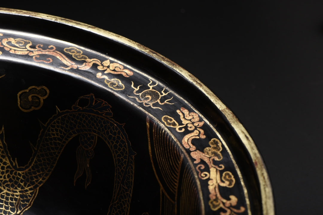 A1420 Chinese Gilt Gold Wooden-cored Lacquerware Double Dragon Design Big Plate