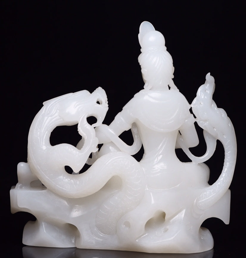 A1421 High Quality Chinese White Hetian Jade Carved Kwan-yin Statue