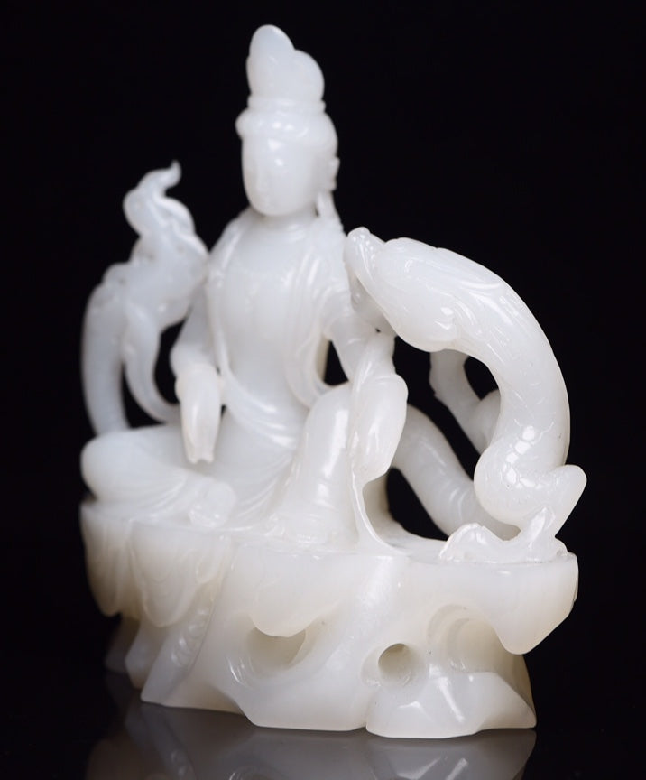 A1421 High Quality Chinese White Hetian Jade Carved Kwan-yin Statue