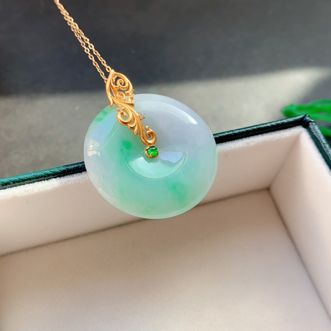 A1422 Exquisite 18K Gold Inlay Jadeite Lucky Pendant