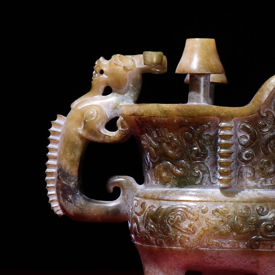 A1426 Superb Vintage Chinese Hetian Jade Carved 3 Leg Dragon Phoenix Wine Cup