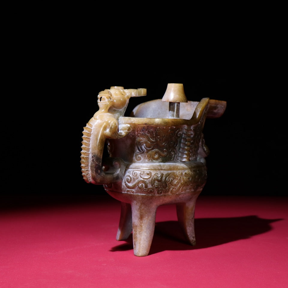 A1426 Superb Vintage Chinese Hetian Jade Carved 3 Leg Dragon Phoenix Wine Cup