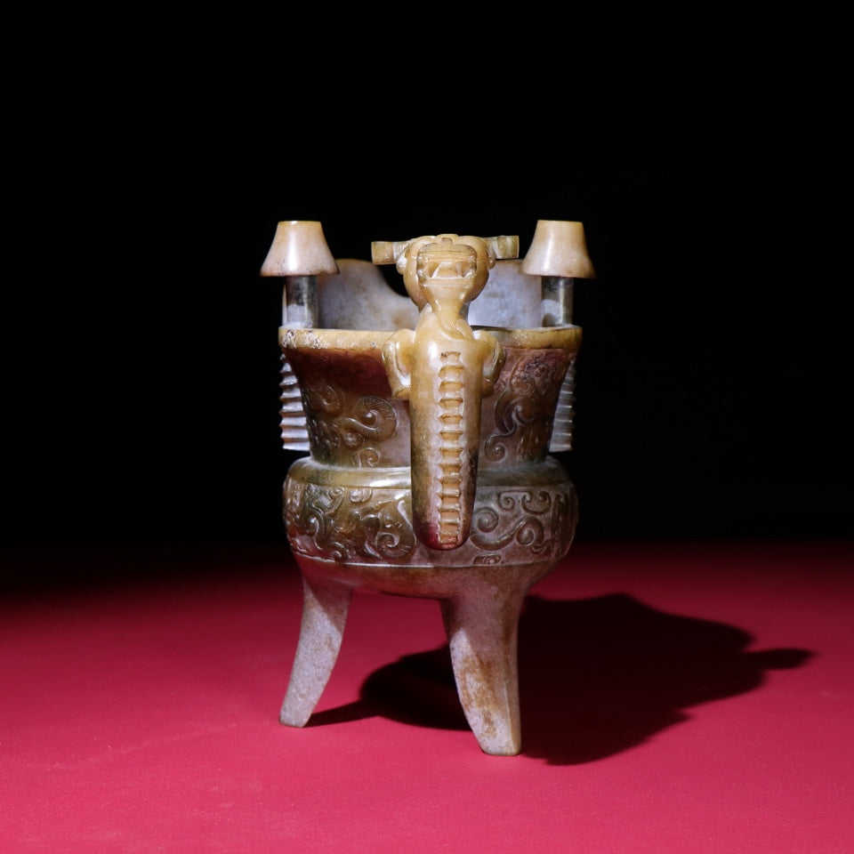 A1426 Superb Vintage Chinese Hetian Jade Carved 3 Leg Dragon Phoenix Wine Cup
