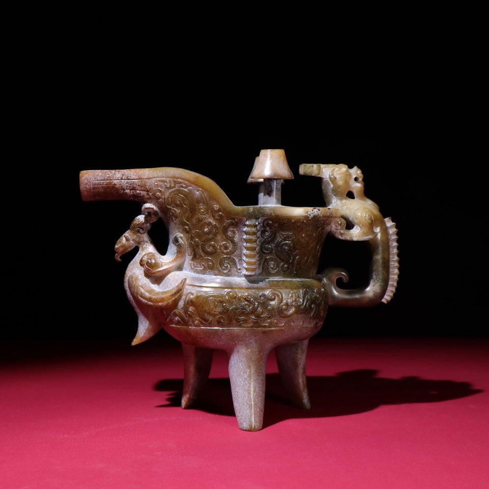 A1426 Superb Vintage Chinese Hetian Jade Carved 3 Leg Dragon Phoenix Wine Cup