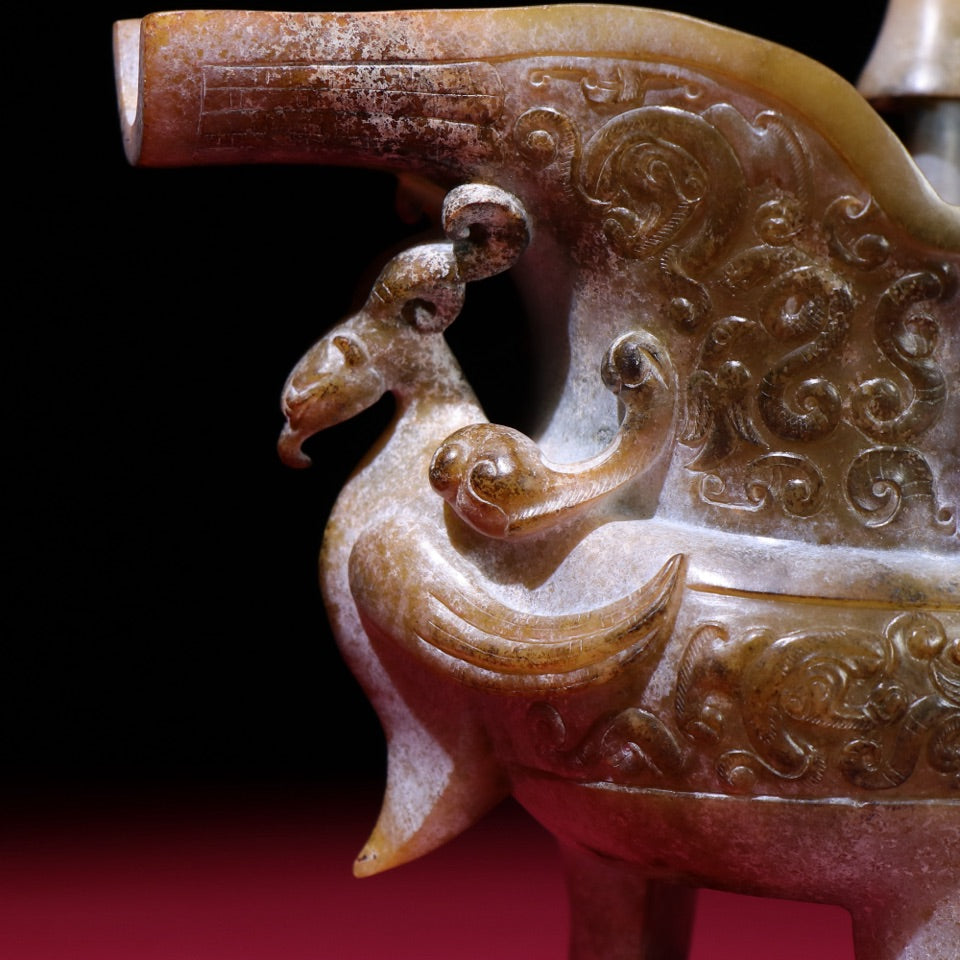 A1426 Superb Vintage Chinese Hetian Jade Carved 3 Leg Dragon Phoenix Wine Cup