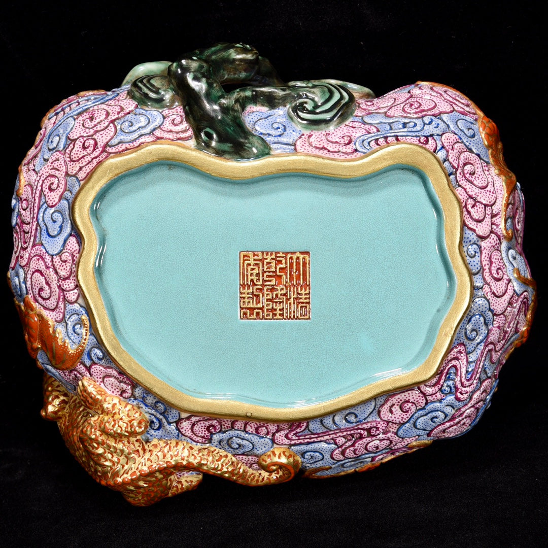A1427 Chinese Qing Dynasty Gilt Gold Famille Rose Fortune Dragon Porcelain Brush Washer