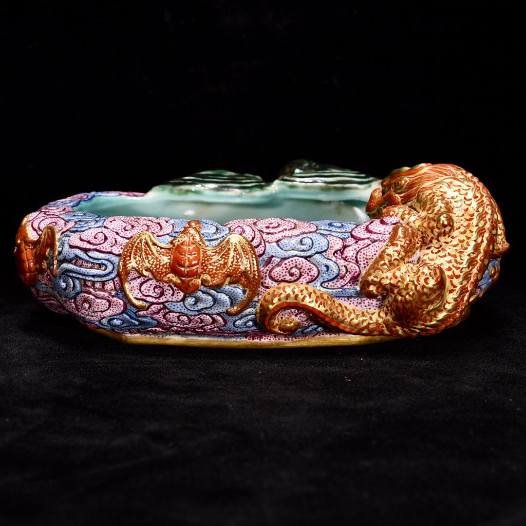 A1427 Chinese Qing Dynasty Gilt Gold Famille Rose Fortune Dragon Porcelain Brush Washer