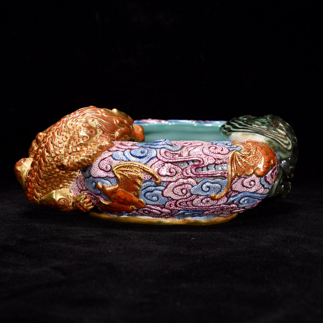 A1427 Chinese Qing Dynasty Gilt Gold Famille Rose Fortune Dragon Porcelain Brush Washer