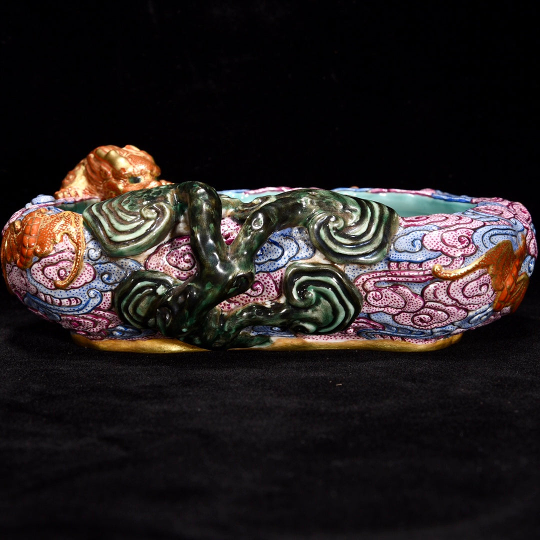 A1427 Chinese Qing Dynasty Gilt Gold Famille Rose Fortune Dragon Porcelain Brush Washer