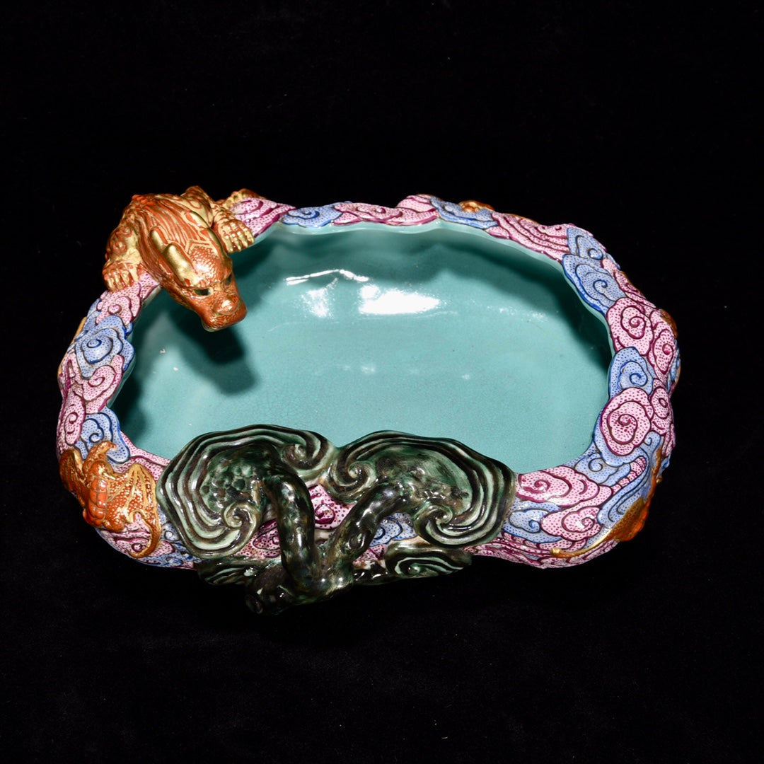 A1427 Chinese Qing Dynasty Gilt Gold Famille Rose Fortune Dragon Porcelain Brush Washer