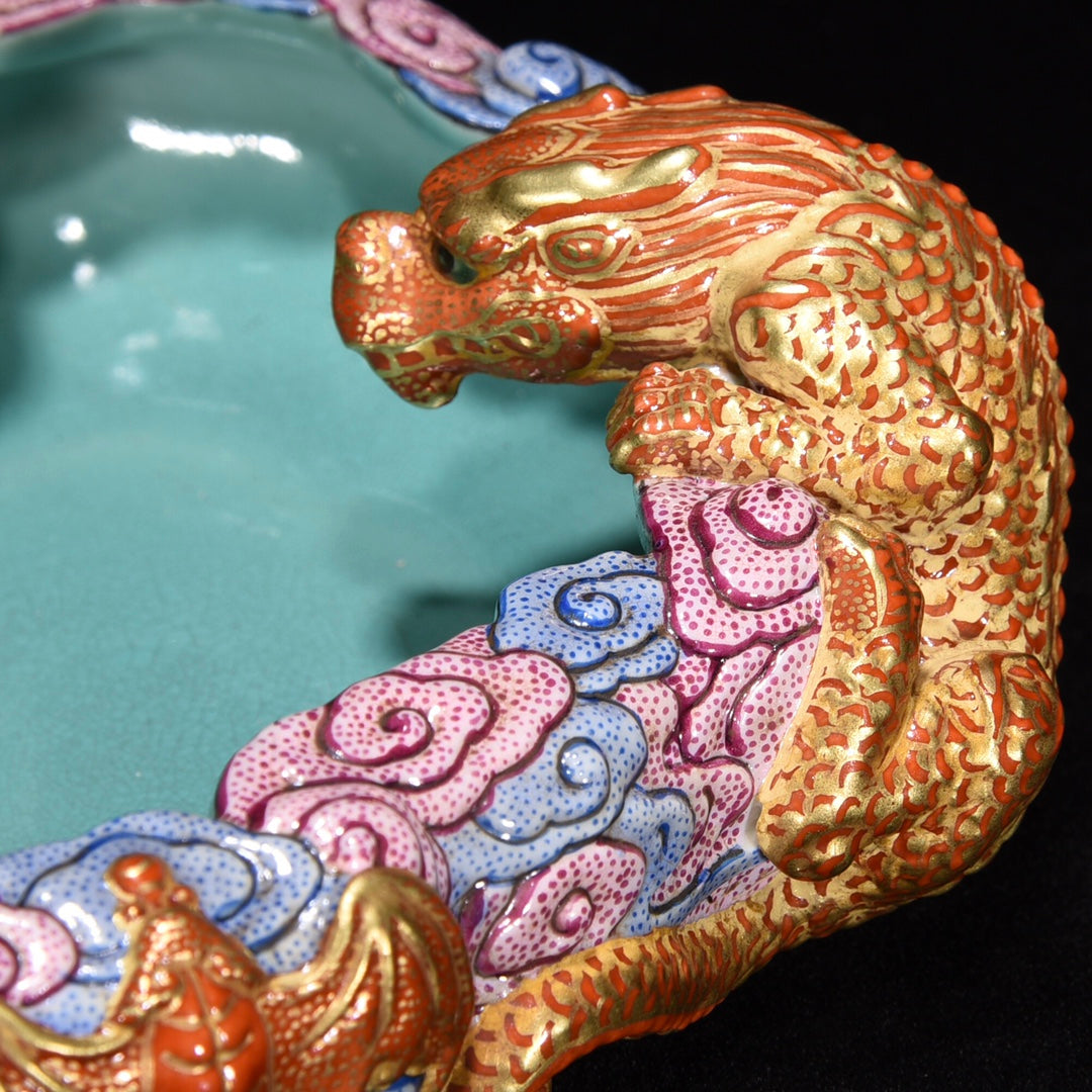A1427 Chinese Qing Dynasty Gilt Gold Famille Rose Fortune Dragon Porcelain Brush Washer