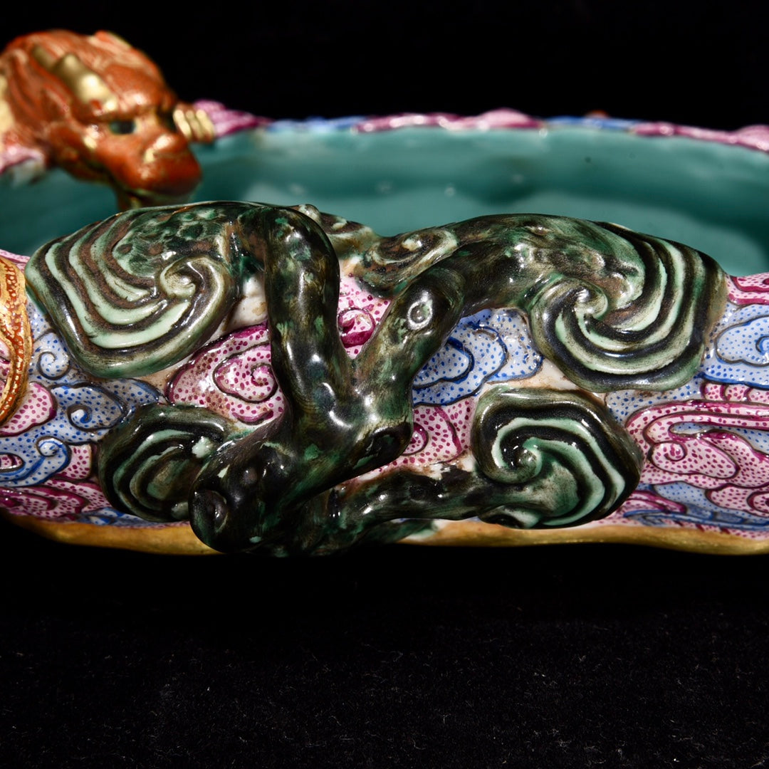 A1427 Chinese Qing Dynasty Gilt Gold Famille Rose Fortune Dragon Porcelain Brush Washer