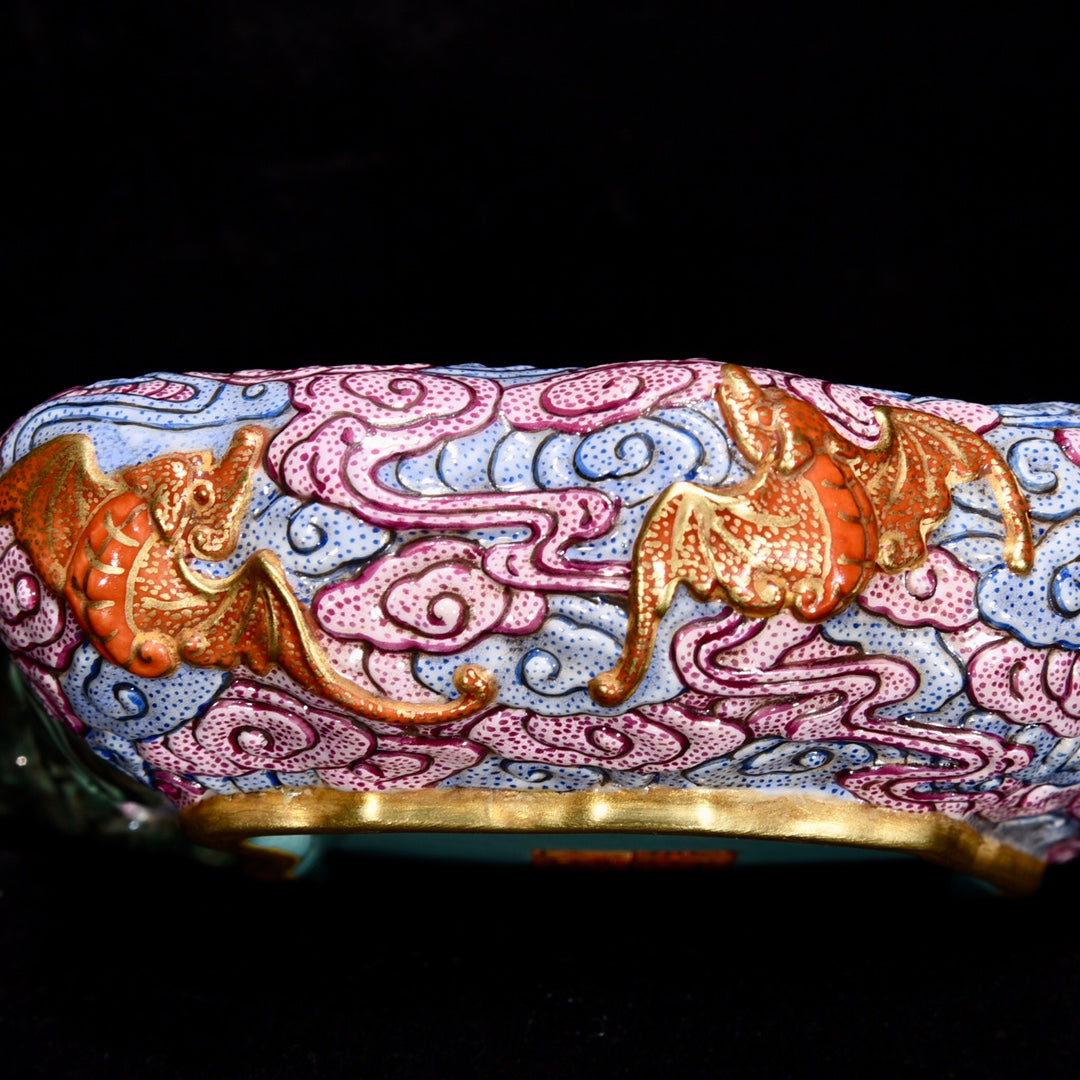 A1427 Chinese Qing Dynasty Gilt Gold Famille Rose Fortune Dragon Porcelain Brush Washer