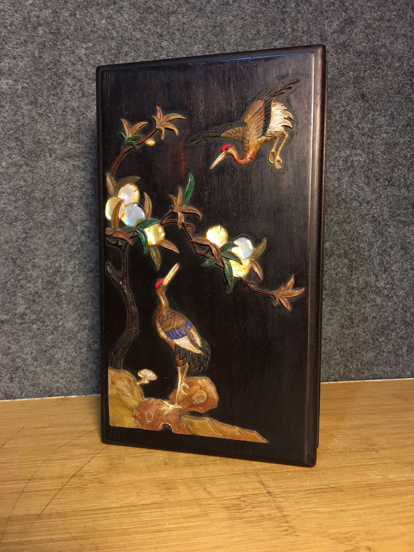 A1431 Vintage Chinese Zitan Wood Inlay Shell Crane Jewellery Box