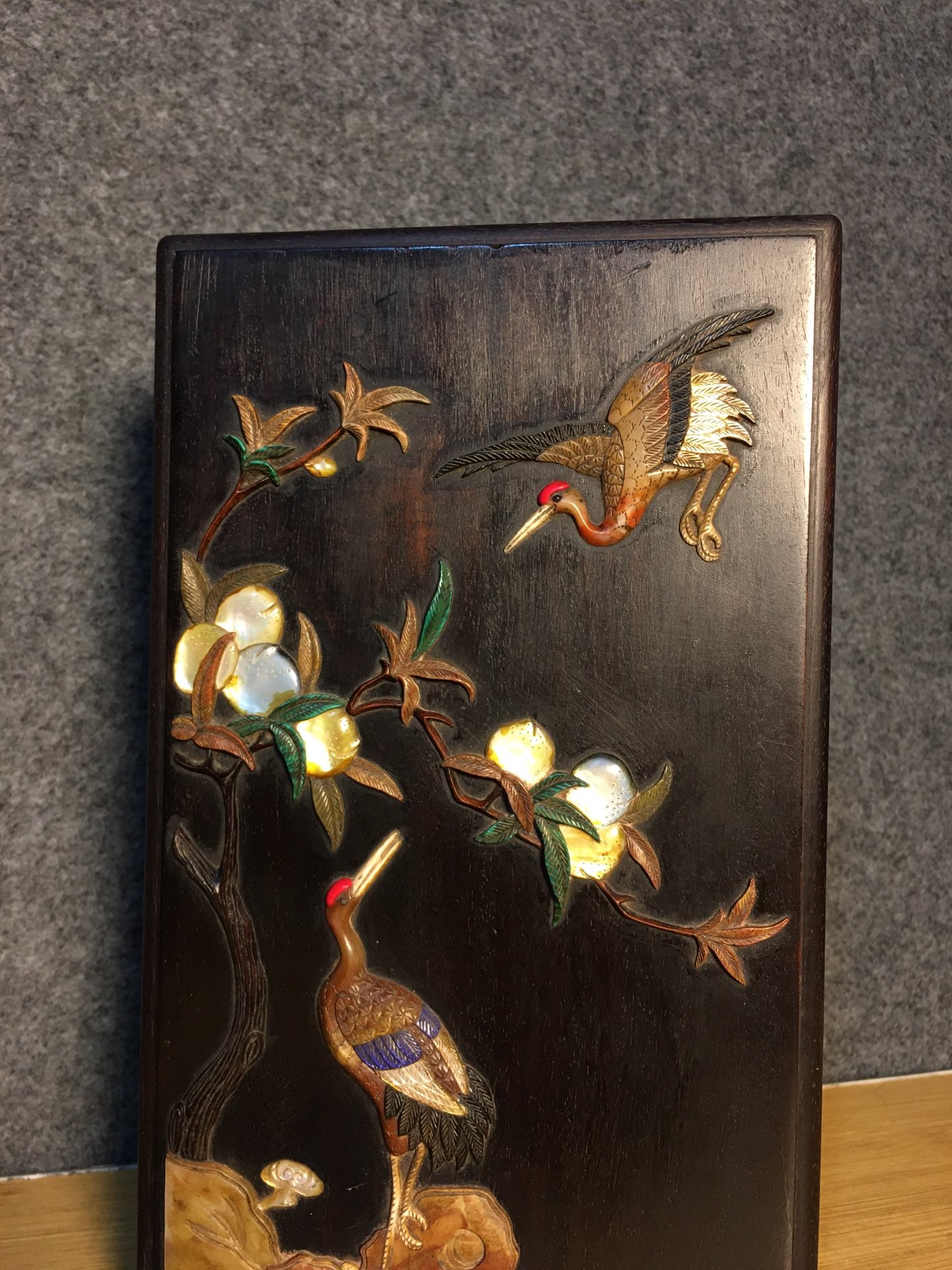 A1431 Vintage Chinese Zitan Wood Inlay Shell Crane Jewellery Box