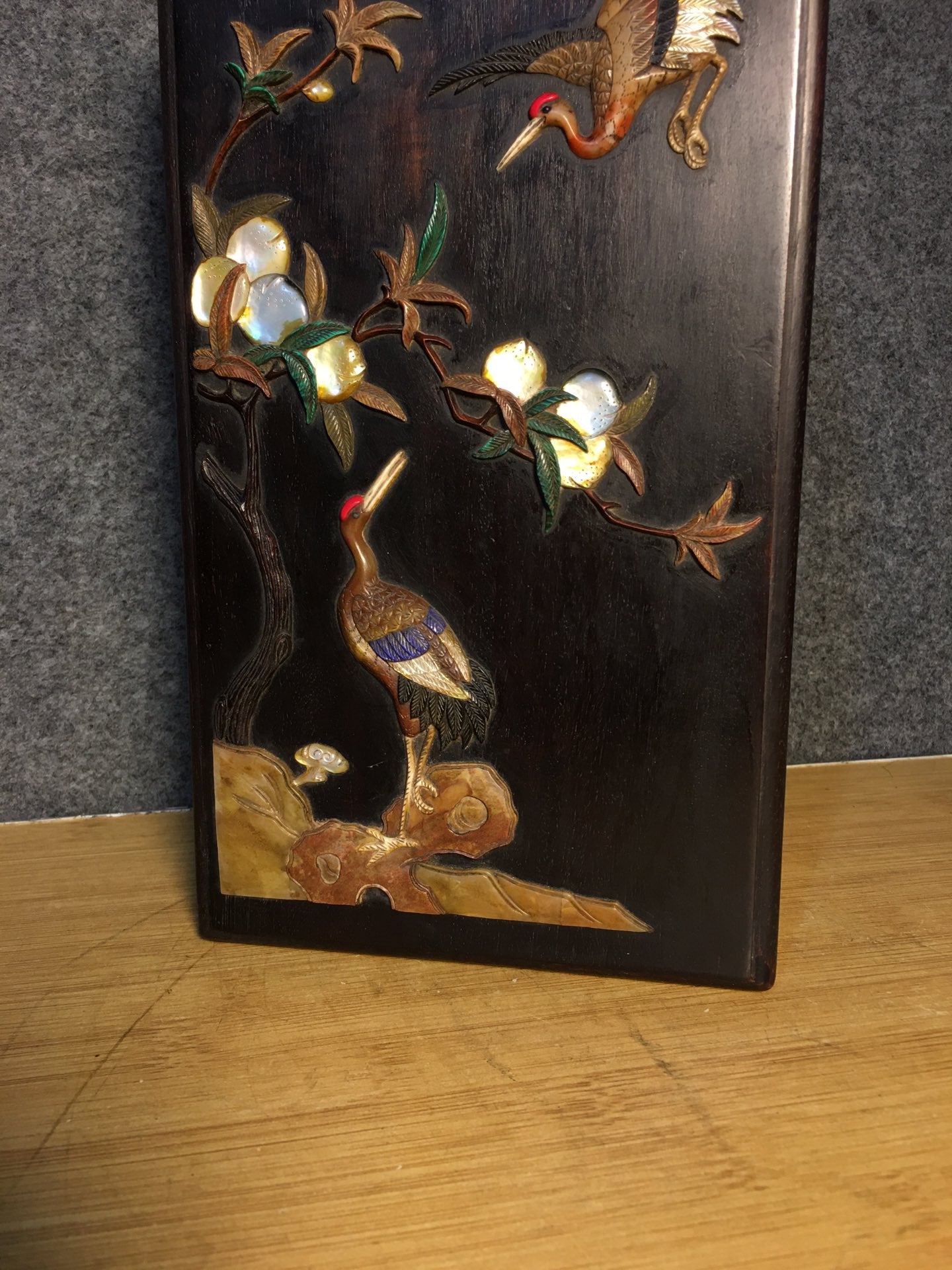 A1431 Vintage Chinese Zitan Wood Inlay Shell Crane Jewellery Box