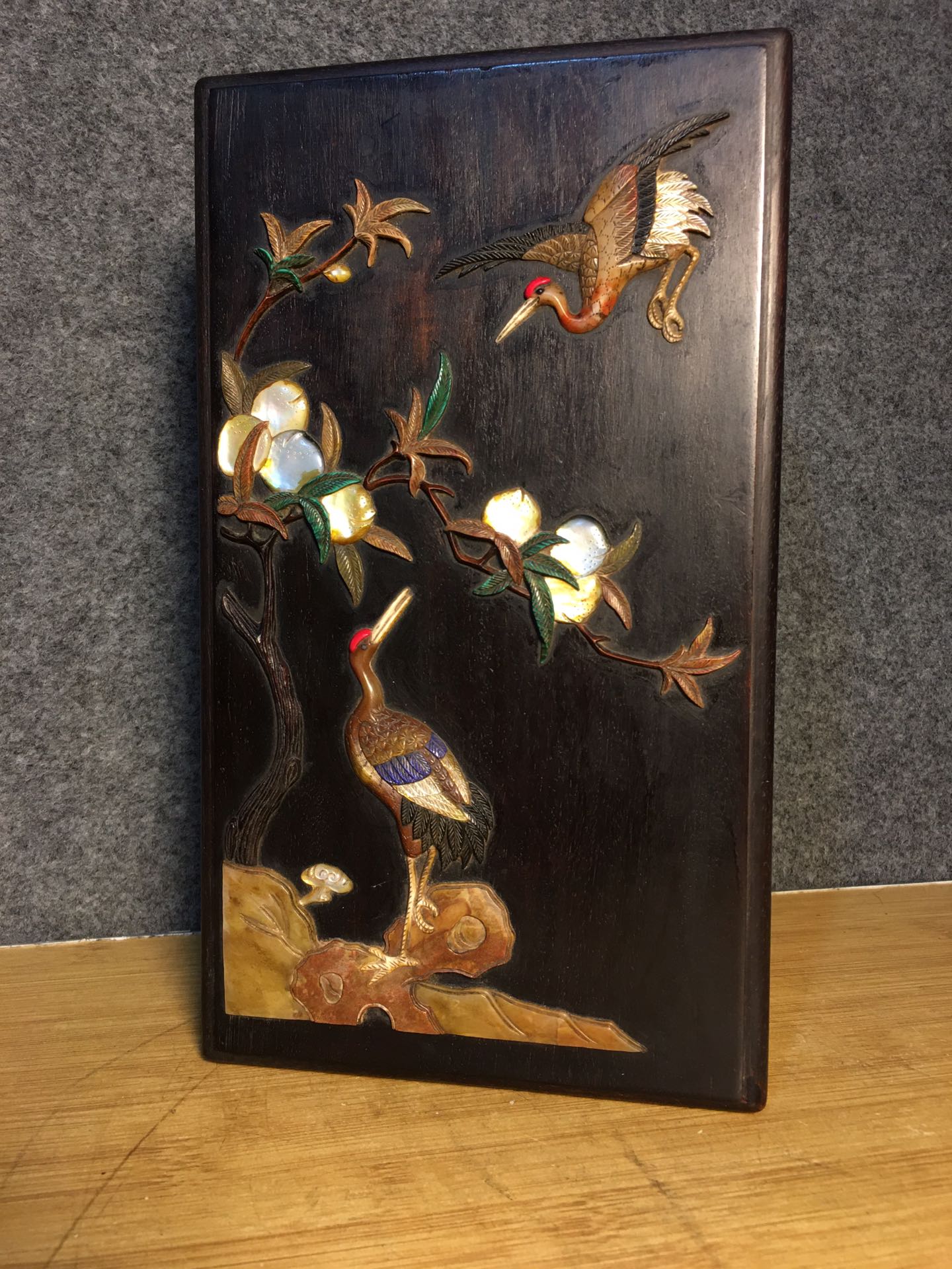 A1431 Vintage Chinese Zitan Wood Inlay Shell Crane Jewellery Box