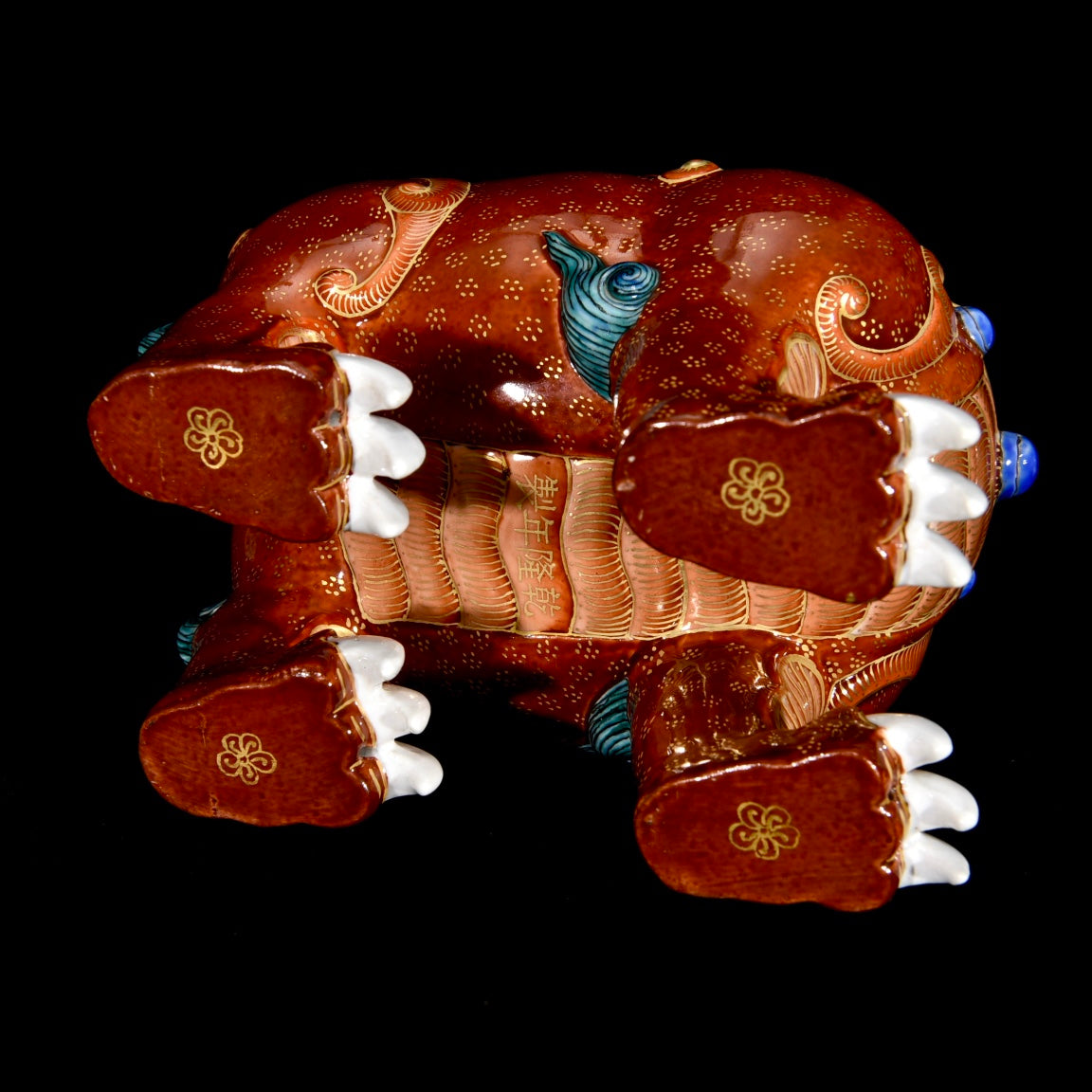 A1432 Chinese Qing Dynasty Iron Red Glaze Fortune Lion Porcelain Statue