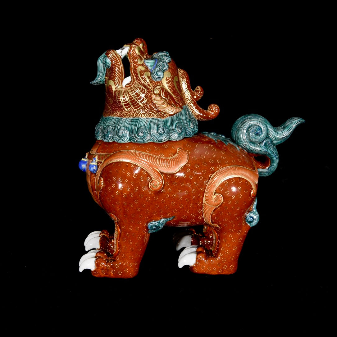 A1432 Chinese Qing Dynasty Iron Red Glaze Fortune Lion Porcelain Statue