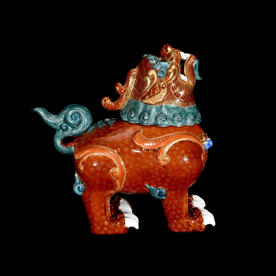 A1432 Chinese Qing Dynasty Iron Red Glaze Fortune Lion Porcelain Statue