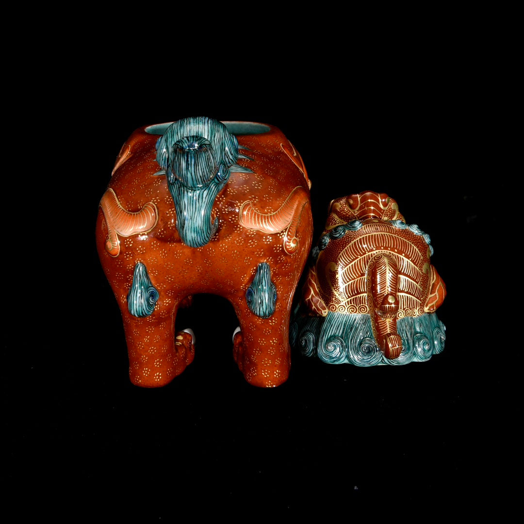 A1432 Chinese Qing Dynasty Iron Red Glaze Fortune Lion Porcelain Statue