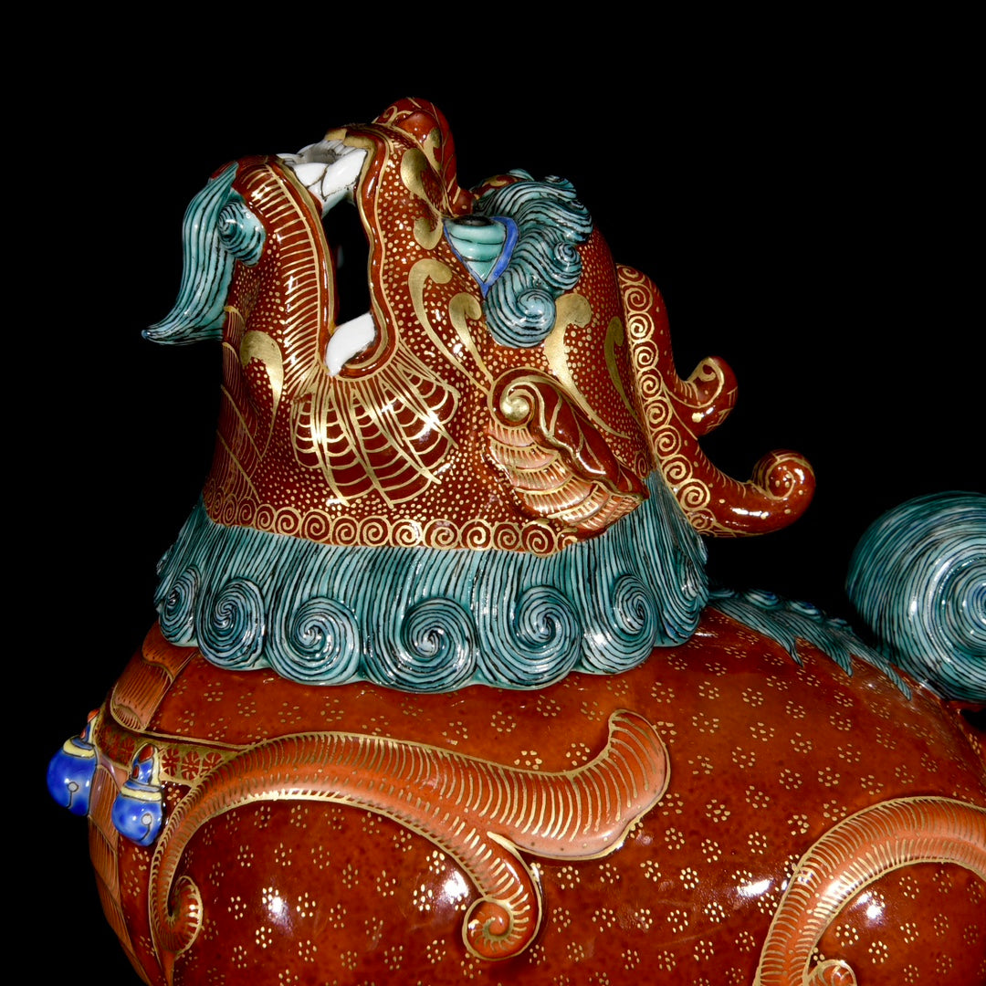 A1432 Chinese Qing Dynasty Iron Red Glaze Fortune Lion Porcelain Statue