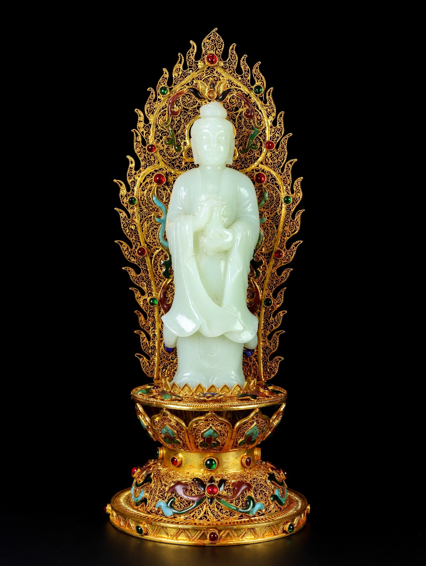 A1433 Exquisite Chinese White Hetian Jade Carved Kwan-yin Statue w Gold Wires Enamel Base