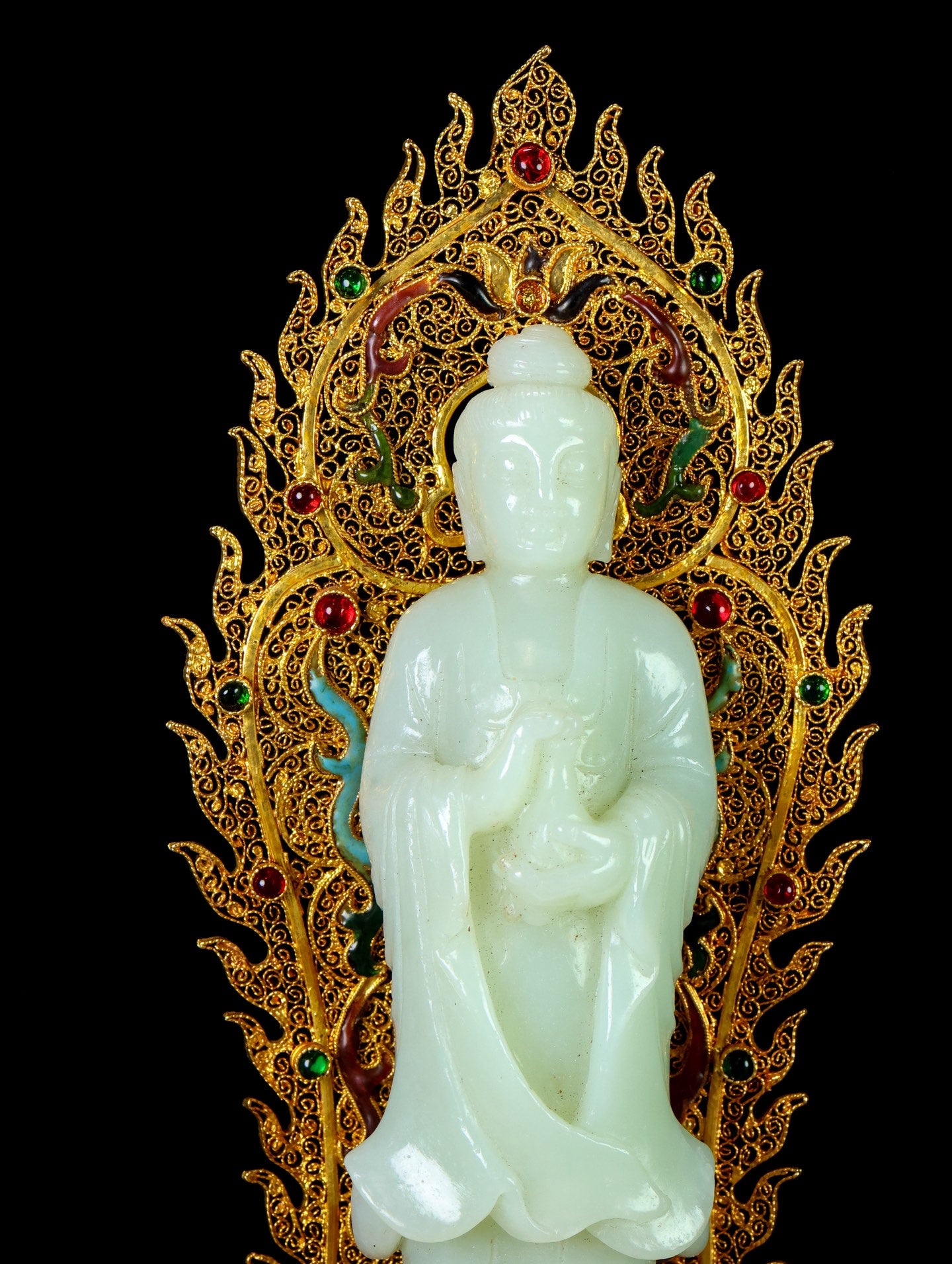 A1433 Exquisite Chinese White Hetian Jade Carved Kwan-yin Statue w Gold Wires Enamel Base