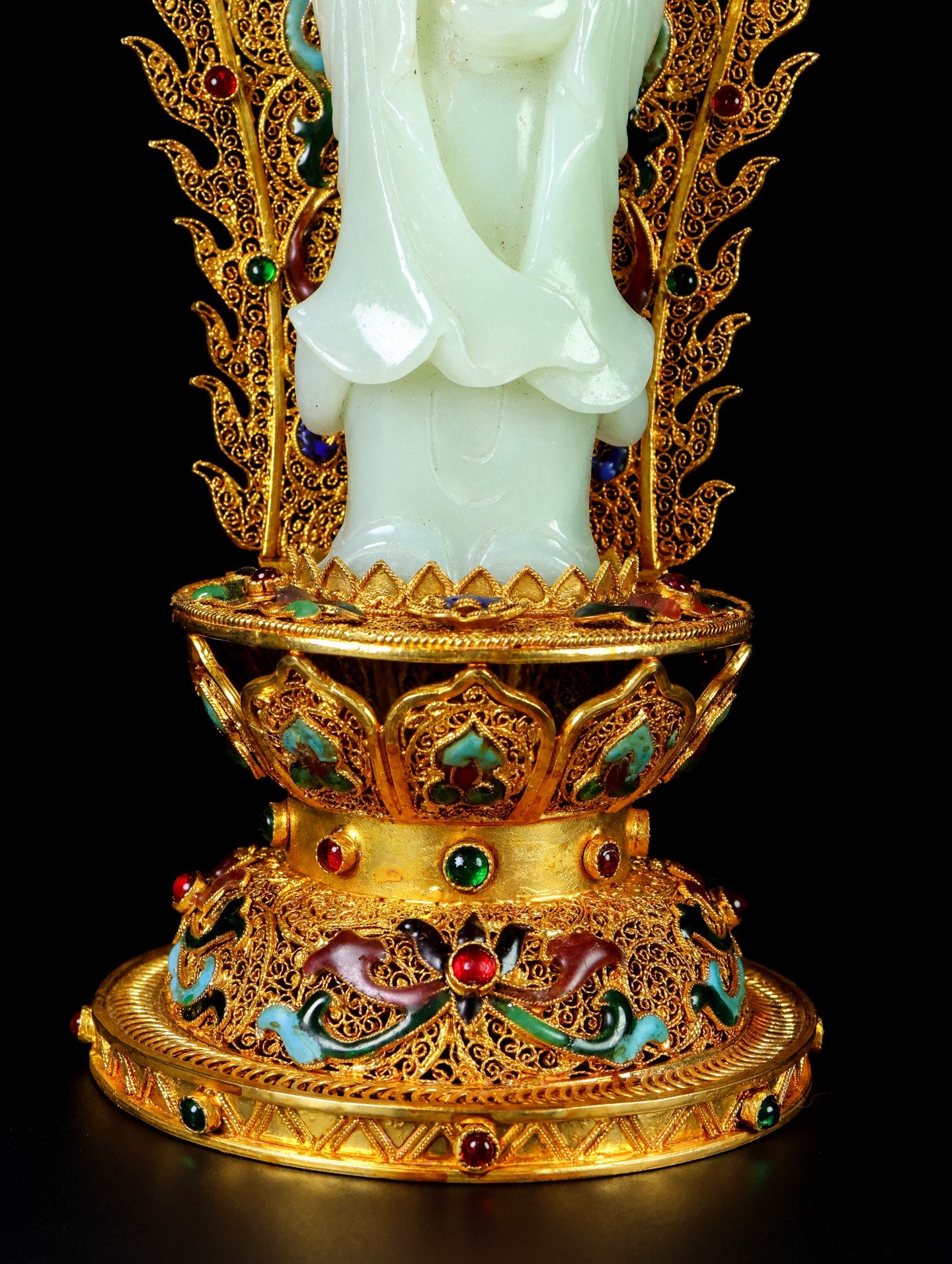 A1433 Exquisite Chinese White Hetian Jade Carved Kwan-yin Statue w Gold Wires Enamel Base