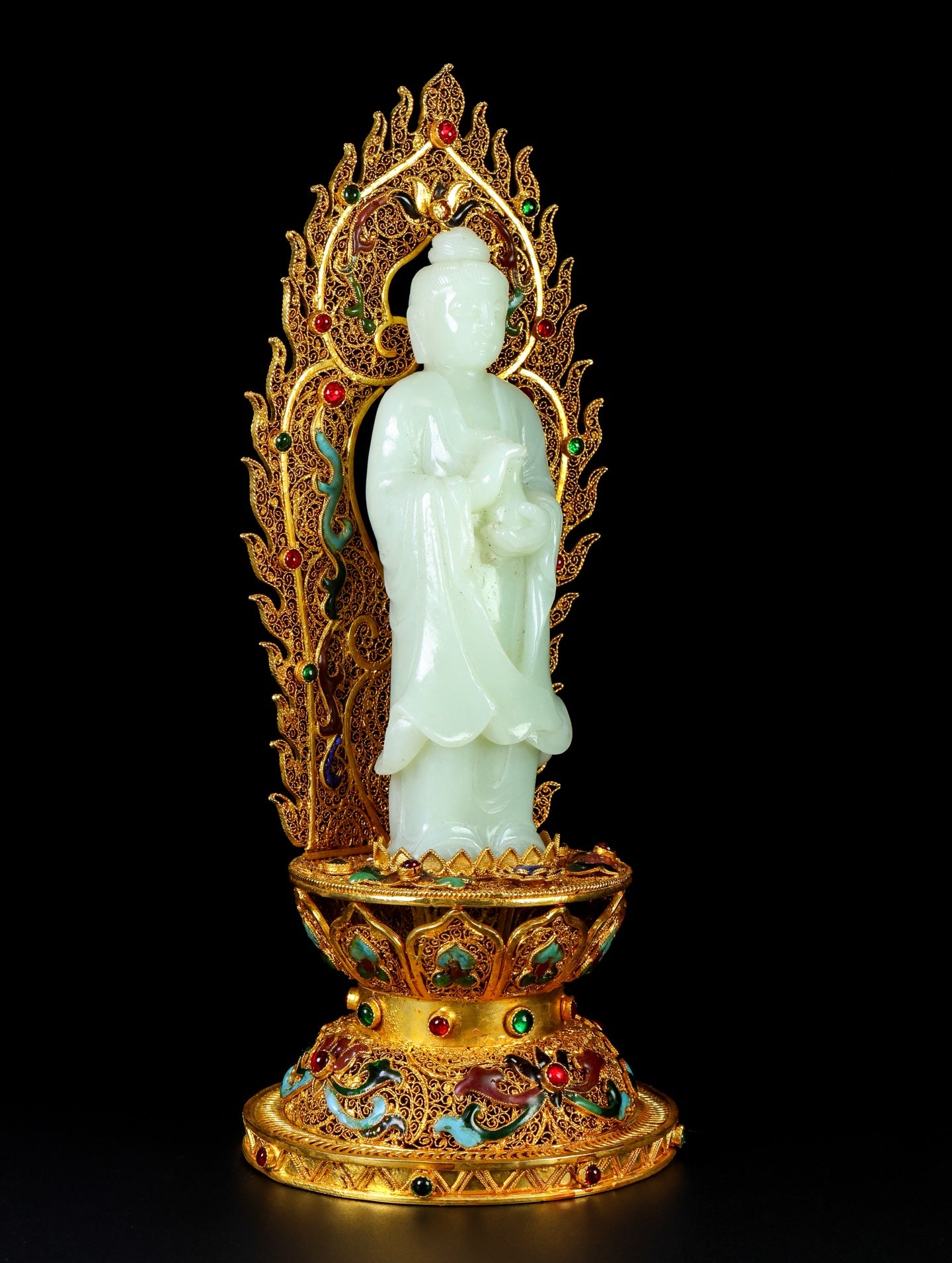 A1433 Exquisite Chinese White Hetian Jade Carved Kwan-yin Statue w Gold Wires Enamel Base