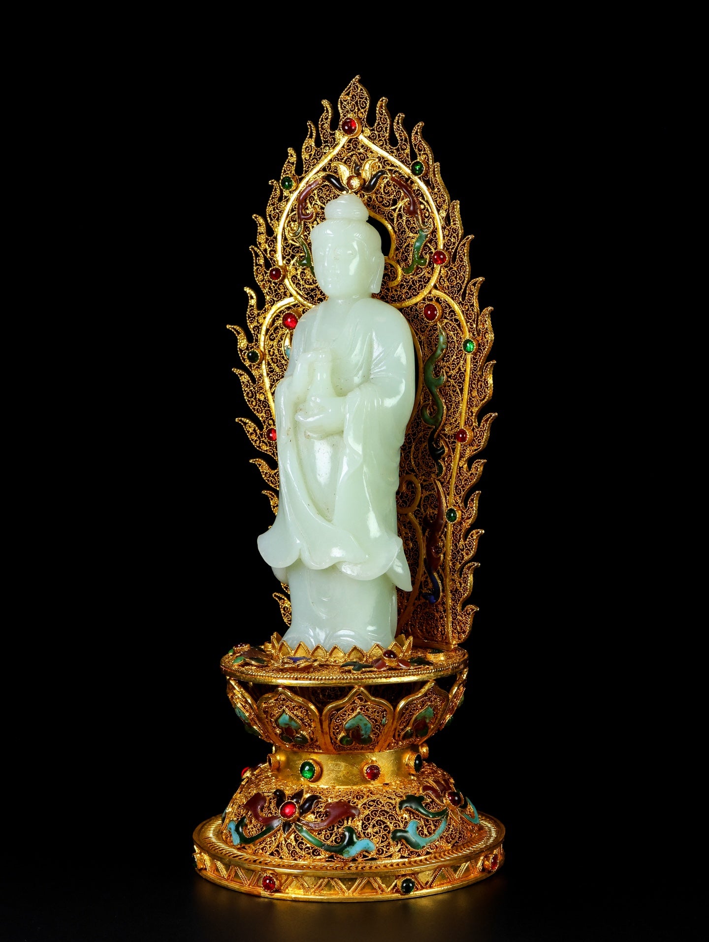 A1433 Exquisite Chinese White Hetian Jade Carved Kwan-yin Statue w Gold Wires Enamel Base