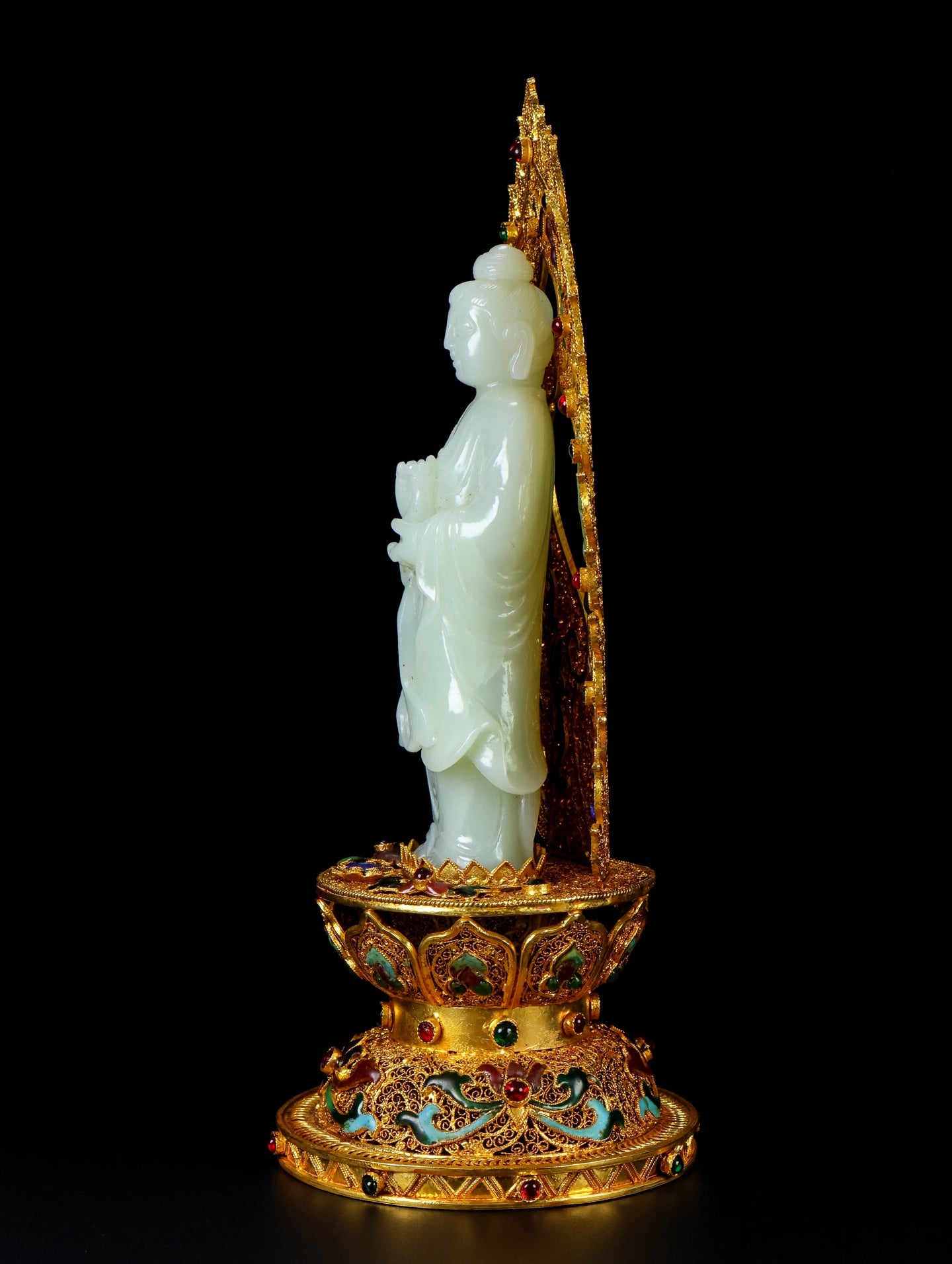 A1433 Exquisite Chinese White Hetian Jade Carved Kwan-yin Statue w Gold Wires Enamel Base