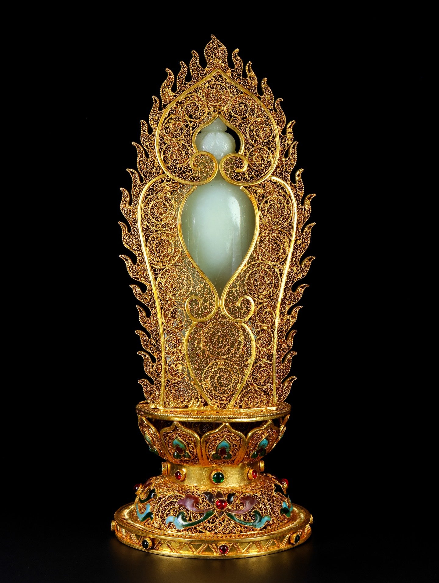 A1433 Exquisite Chinese White Hetian Jade Carved Kwan-yin Statue w Gold Wires Enamel Base