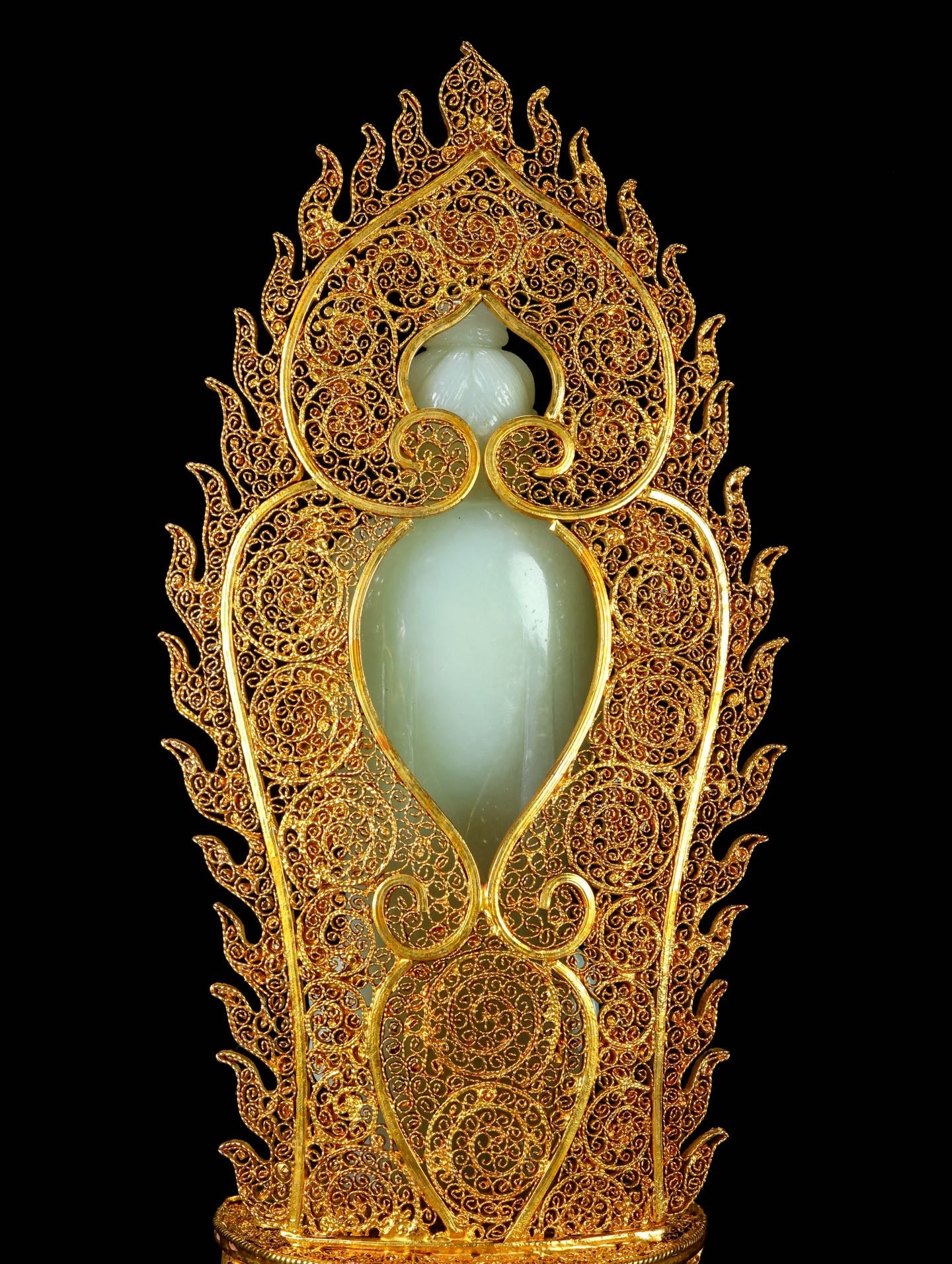 A1433 Exquisite Chinese White Hetian Jade Carved Kwan-yin Statue w Gold Wires Enamel Base