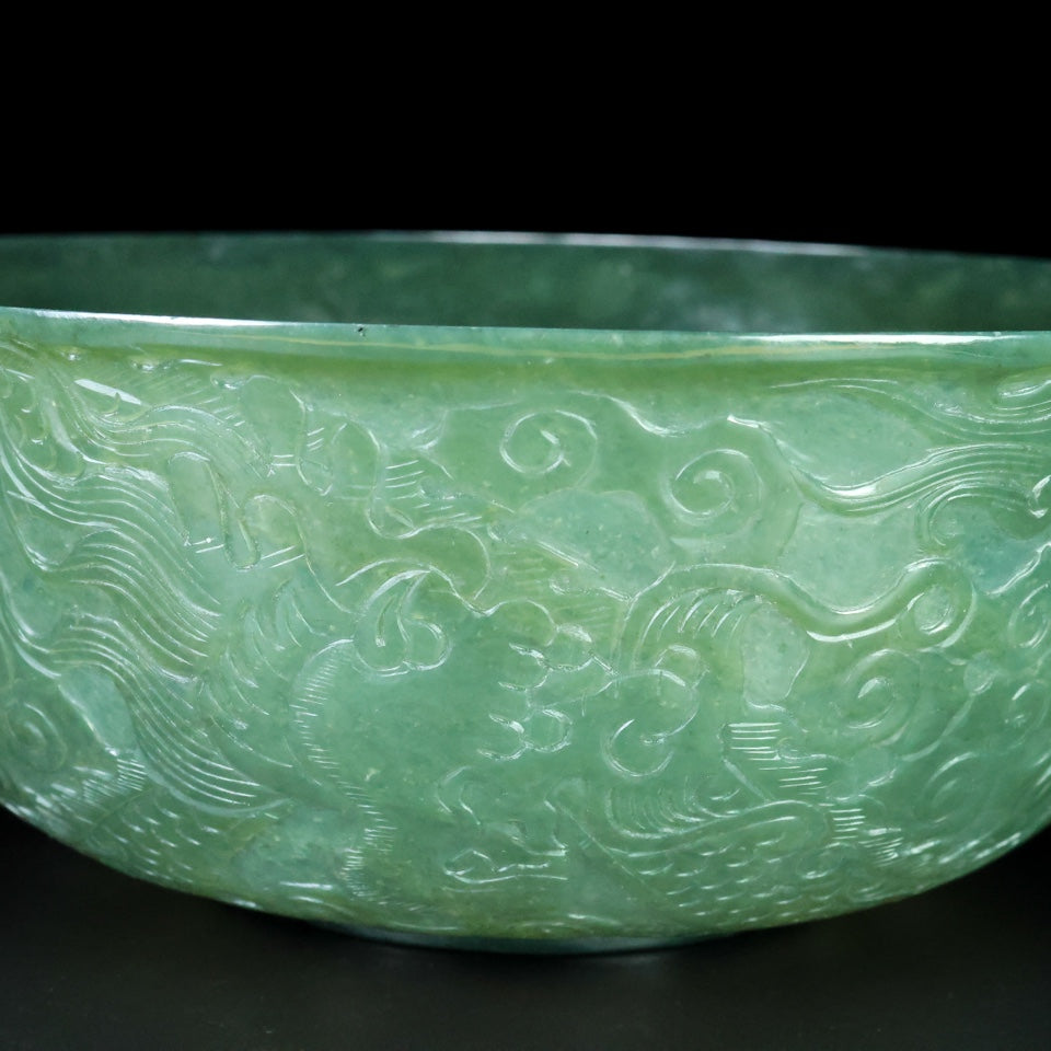 A1434 Chinese Green Hetian Jade Low Relief Fortune Dragon Design Bowl