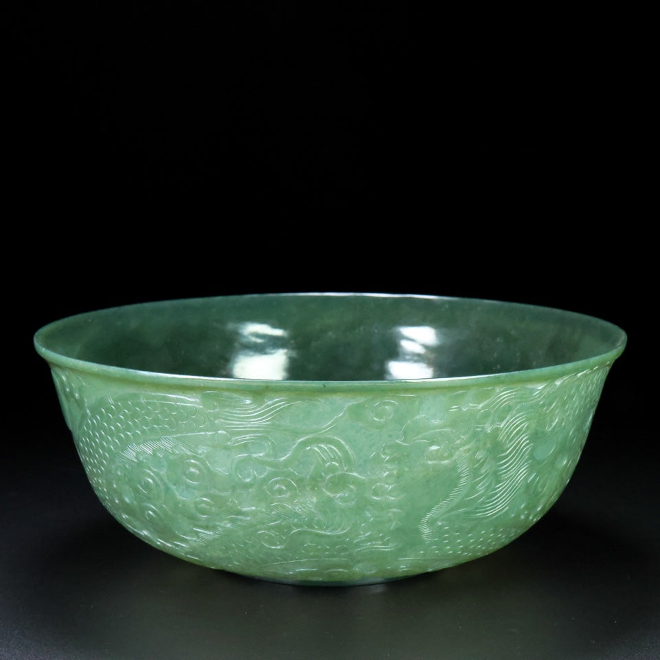 A1434 Chinese Green Hetian Jade Low Relief Fortune Dragon Design Bowl