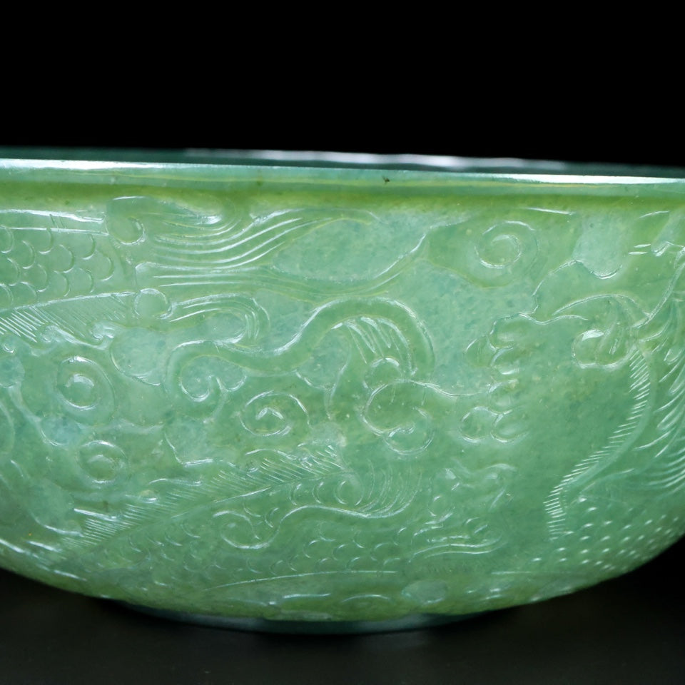 A1434 Chinese Green Hetian Jade Low Relief Fortune Dragon Design Bowl