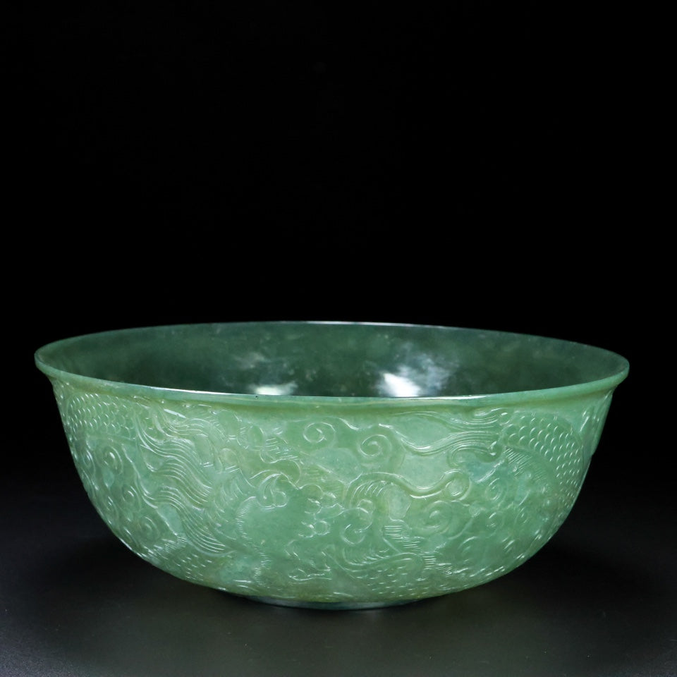 A1434 Chinese Green Hetian Jade Low Relief Fortune Dragon Design Bowl