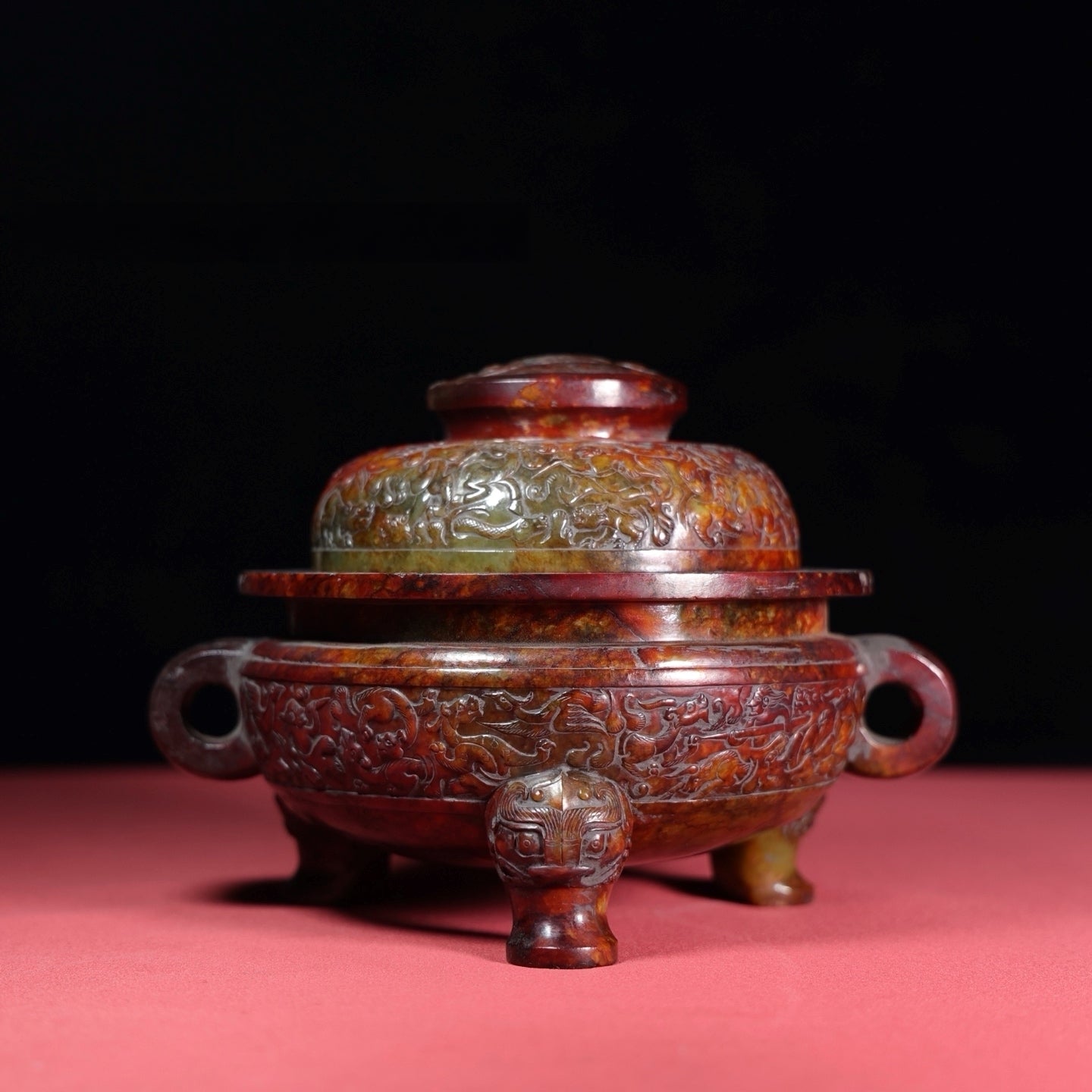 A1446 Superb Old Chinese Hetian Jade Carved Double Ear Incense Burner