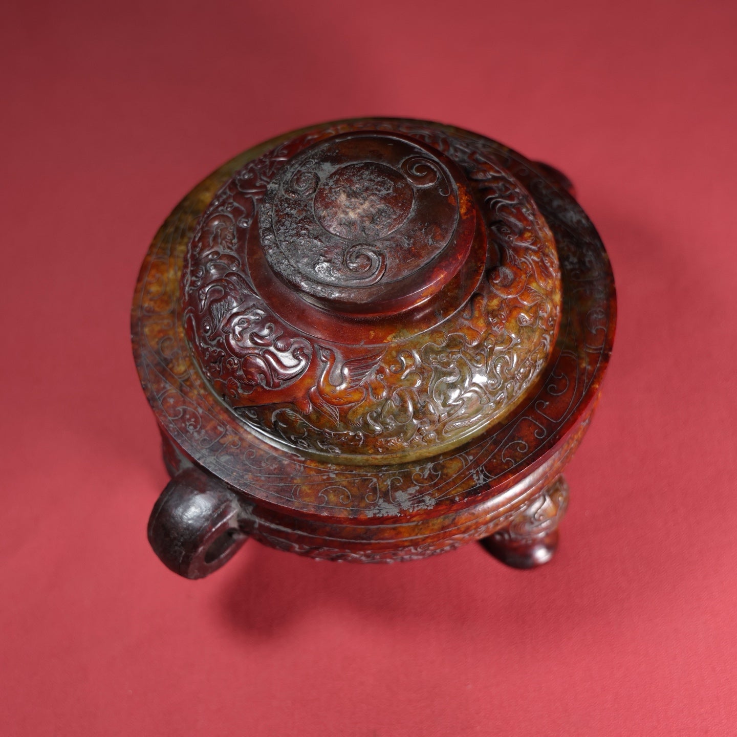 A1446 Superb Old Chinese Hetian Jade Carved Double Ear Incense Burner