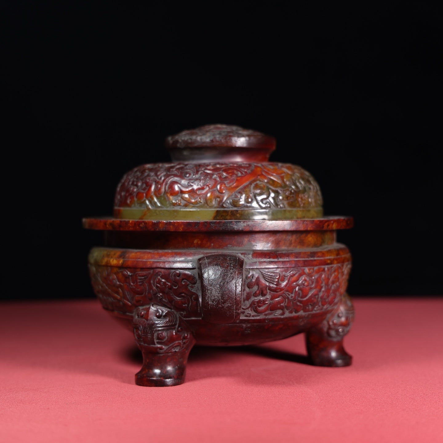 A1446 Superb Old Chinese Hetian Jade Carved Double Ear Incense Burner