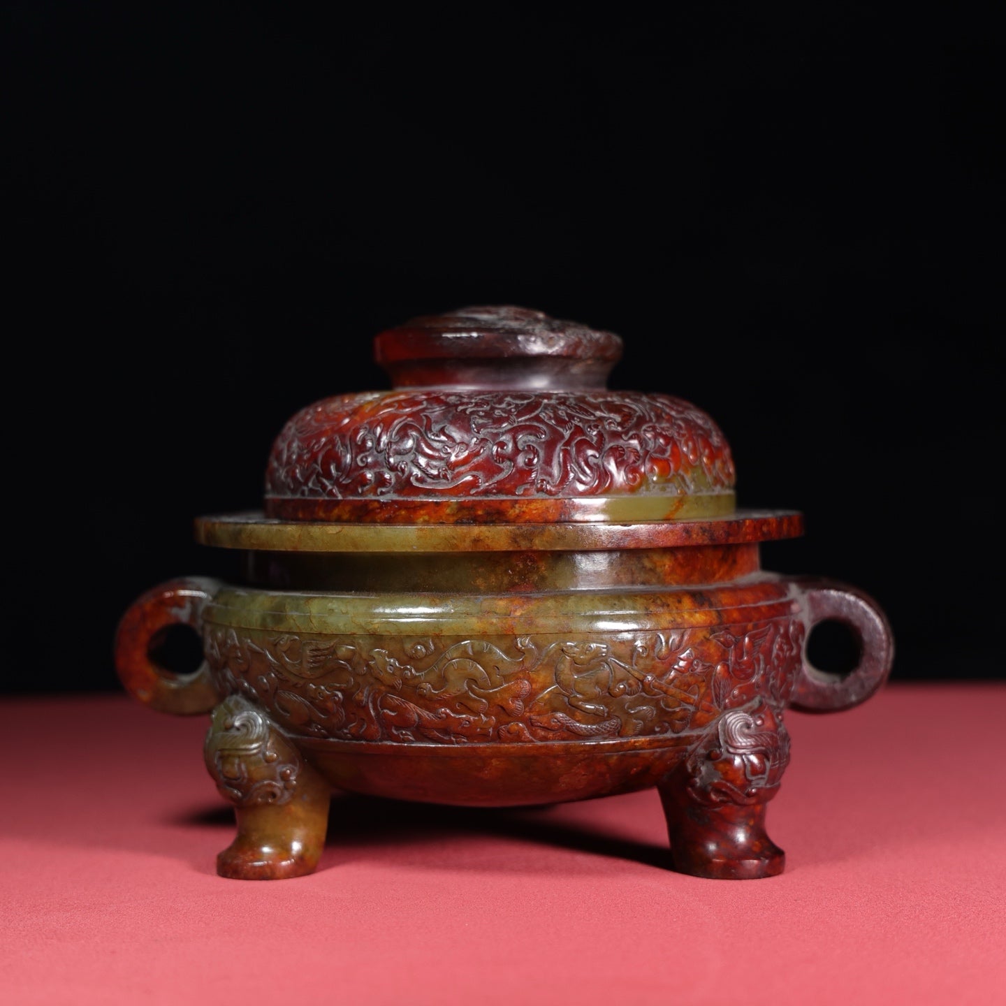 A1446 Superb Old Chinese Hetian Jade Carved Double Ear Incense Burner