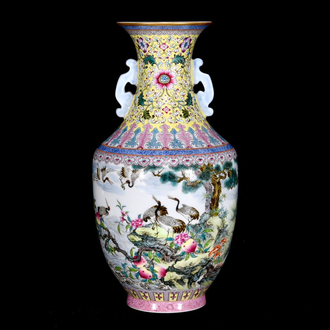 A1463 Chinese Qing Dynasty Gilt Edge Famille Rose Pine Tree & Crane Design Porcelain Vase