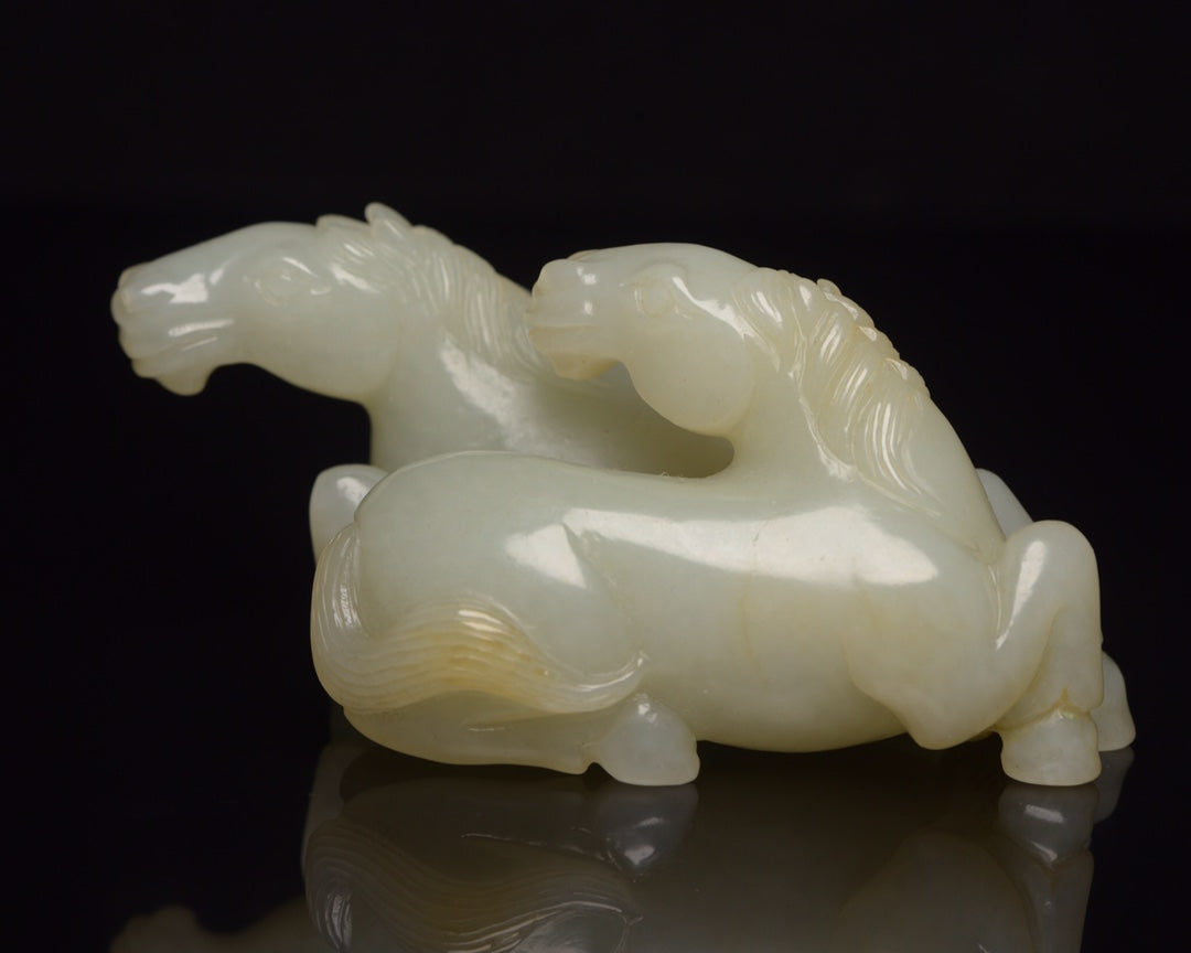 A1470 Superb Chinese Hetian Jade Carved Double Horse Statue