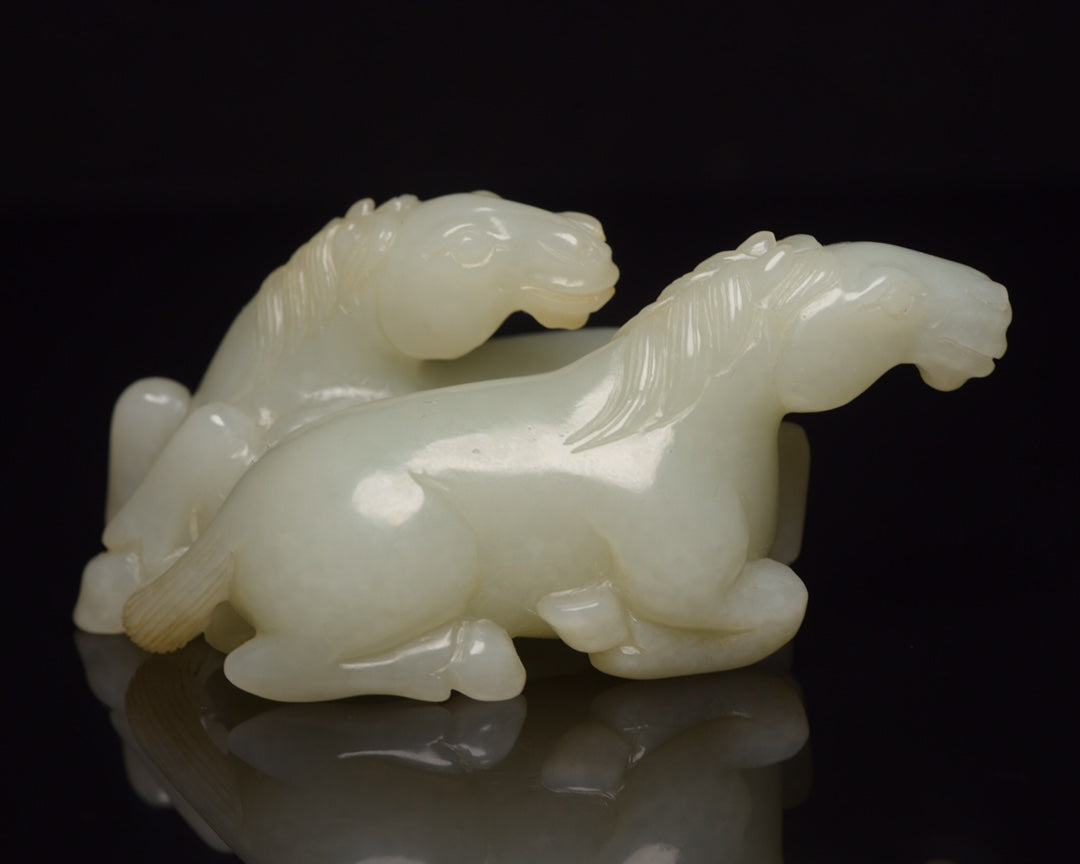 A1470 Superb Chinese Hetian Jade Carved Double Horse Statue