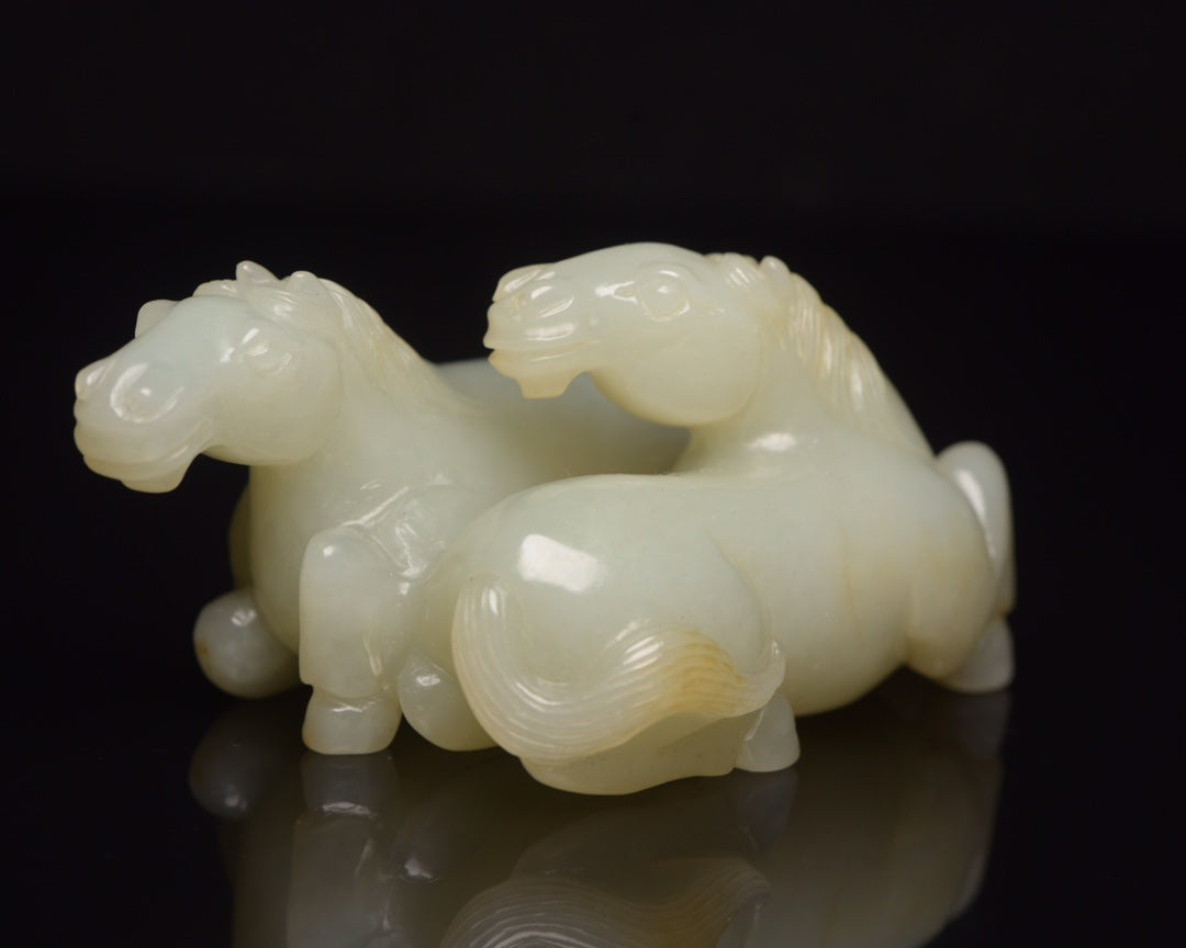 A1470 Superb Chinese Hetian Jade Carved Double Horse Statue